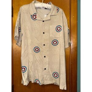 NWT Marvel Captain America Men's 100% Rayon Button Down Shirt Khaki Size L